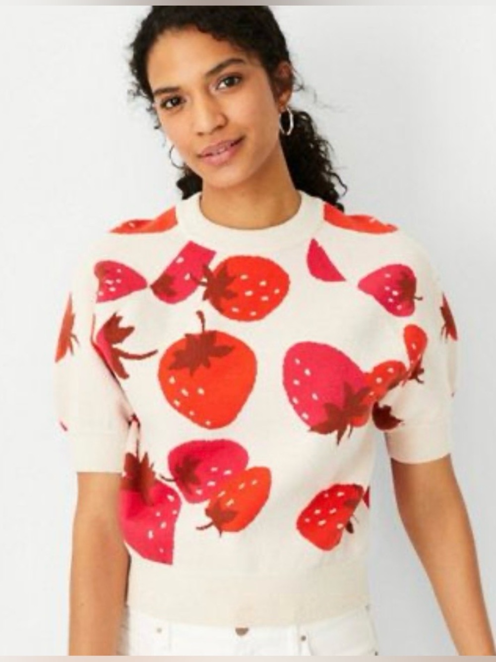 Ann Taylor Strawberry Print Short Sleeve Sweater M - Picture 5 of 9
